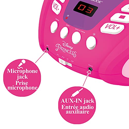 LEXIBOOK- Disney Princess-Reproductor de CD Bluetooth para niños-Portátil, Efectos de luz Multicolor, micrófono, Conector de Entrada Auxiliar, AC o Funciona con Pilas
