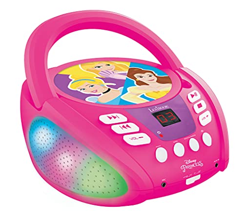 LEXIBOOK- Disney Princess-Reproductor de CD Bluetooth para niños-Portátil, Efectos de luz Multicolor, micrófono, Conector de Entrada Auxiliar, AC o Funciona con Pilas