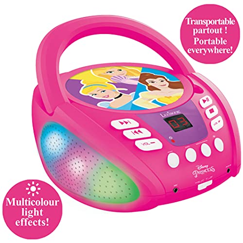 LEXIBOOK- Disney Princess-Reproductor de CD Bluetooth para niños-Portátil, Efectos de luz Multicolor, micrófono, Conector de Entrada Auxiliar, AC o Funciona con Pilas