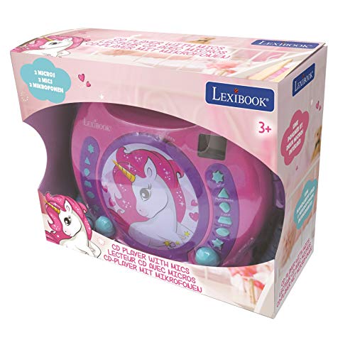 Lexibook- Reproductor de CD portátil Unicornio con micrófonos, asa, programación, ensayo, karaoke, caballo, conector para auriculares, niño, niña,