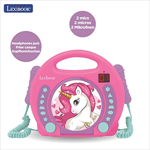 Lexibook- Reproductor de CD portátil Unicornio con micrófonos, asa, programación, ensayo, karaoke, caballo, conector para auriculares, niño, niña,