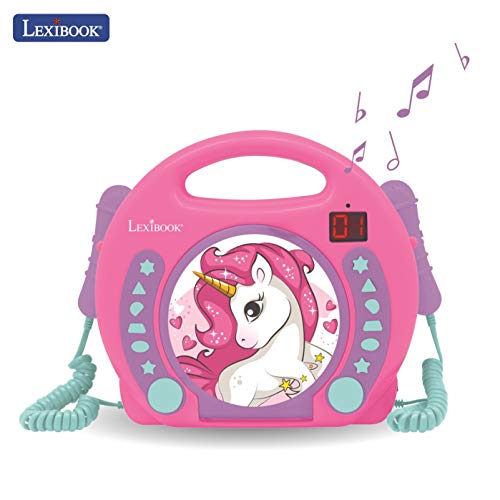 Lexibook- Reproductor de CD portátil Unicornio con micrófonos, asa, programación, ensayo, karaoke, caballo, conector para auriculares, niño, niña,
