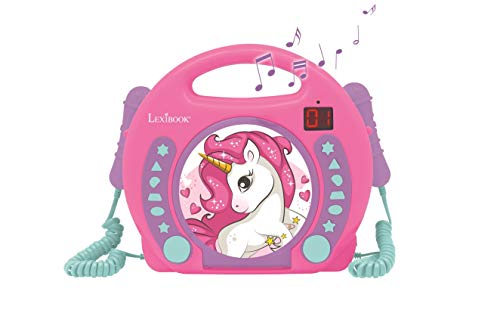 Lexibook- Reproductor de CD portátil Unicornio con micrófonos, asa, programación, ensayo, karaoke, caballo, conector para auriculares, niño, niña,