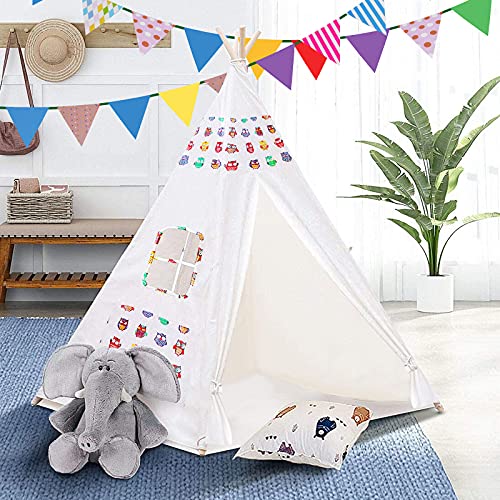 m zimoon Tienda de campaña Teepee para niños con bandera de color, portátil plegable para niños juguetes para niños niñas bebé interior y exterior Jugar tienda de campaña patrón de búho (blanco)