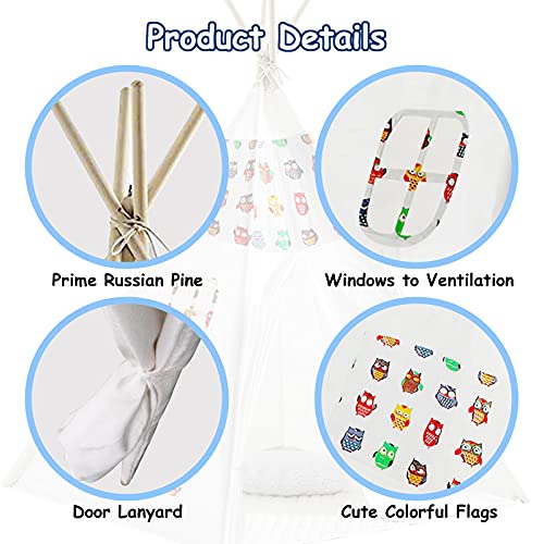 m zimoon Tienda de campaña Teepee para niños con bandera de color, portátil plegable para niños juguetes para niños niñas bebé interior y exterior Jugar tienda de campaña patrón de búho (blanco)
