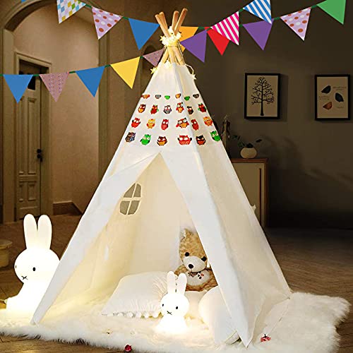 m zimoon Tienda de campaña Teepee para niños con bandera de color, portátil plegable para niños juguetes para niños niñas bebé interior y exterior Jugar tienda de campaña patrón de búho (blanco)