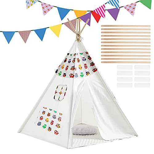 m zimoon Tienda de campaña Teepee para niños con bandera de color, portátil plegable para niños juguetes para niños niñas bebé interior y exterior Jugar tienda de campaña patrón de búho (blanco)