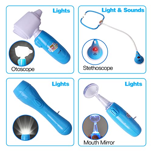 Maletin Medicos Juguete, Kit médico para Dentistas Infantiles, Juego Médico de Simulación, Disfraz Médico para Niños, Estuche de Transporte Médico con Estetoscopio de Luz y Sonido para Niños 3+