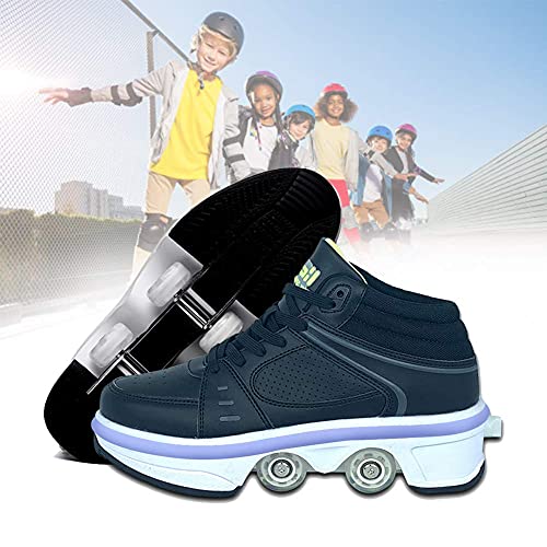 MENG Patines para Mujeres/Niñas con 7 Colores Cambiando la Barra de Luz Luz Ajustable Parkour Zapatos Que Se Convierten en Patines Deformación Polea Patines Patines para Niños Niños Niñas,Negro,42E