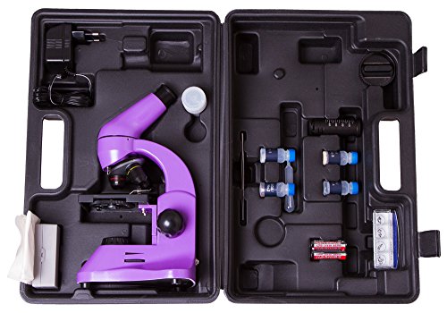 Microscopio Escolar Levenhuk Rainbow 50L Plus Amethyst/Amatista (Aumento 64–1280x, Cuerpo de Metal, Óptica de Vidrio) con Kit de Experimentos y Estuche
