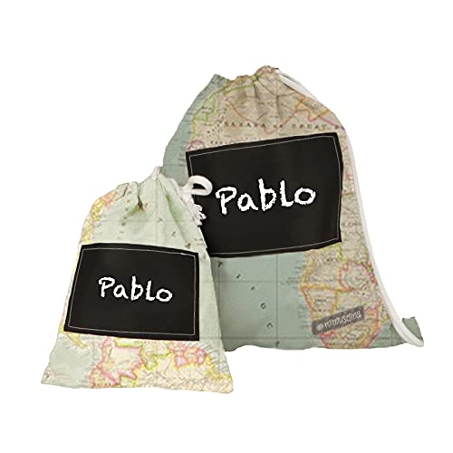 MIMUSELINA Mochilas guardería. Bolsa tela con cuerdas para guarde. Pack bolsa grande y bolsa pequeña guardamuda anti-calado. Mochila infantil pintar Nombre con rotulador Tiza (Mapamundi)