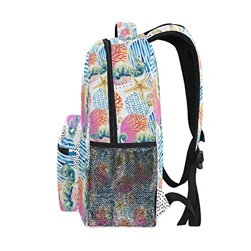 Mochila escolar ADMustwin Ocean Animal Sea Caballito de mar, conchas de mar, hombro de viaje, bolsa de libros, ligera, impermeable, mochila para orden...