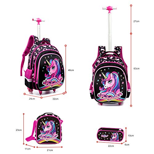 Mochilas Escolares con Ruedas Unicornio, Sets de Mochila Trolley Escuela Primaria Niñas Mochila Carro con Bolsa del Almuerzo Estuche para lápices Bolsas Escolares para Niño IR al Colegio Viaje