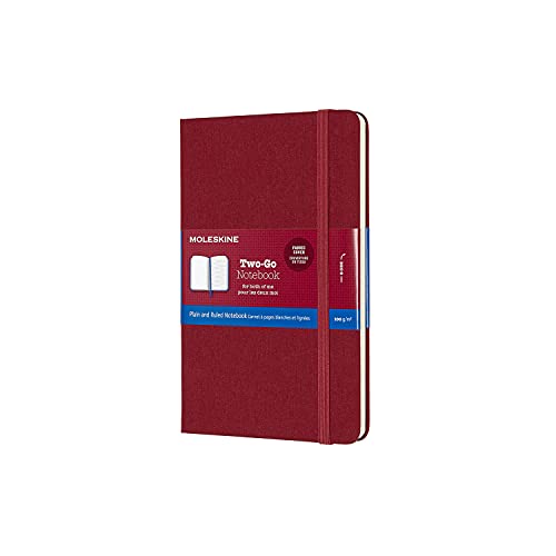 Moleskine - Cuaderno Clásico Two-Go con Páginas Lisa y de Rayas, Tapa Dura y Goma Elástica, Color Rojo Arándano, Tamaño Medio 11.5 x 18 cm, 208 Páginas