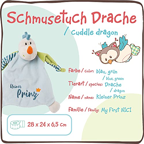 NICI Manta de Seguridad con diseño de dragón Little Prinz, 25 x 25 cm, a Partir de 0 Meses, para bebés y niños pequeños, Peluche para bebé y Chupete, Color Azul/Verde (46734)