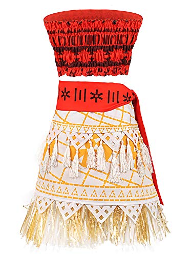O.AMBW Disfraz de Moana Cosplay Princesa Vaiana Vestido Hawaiana Mar Adventura Conjunto de 2 Piezas Top + Falda Ropa para niños Disfraz con Accesorios Diadema Horquilla Collar de Moana Regalo
