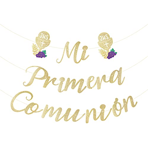 Pancarta Mi Primera Comunión Guirnalda Papel Dorada Banderín Colgar Adorno Decoración para Fiesta de Comunión First Communion