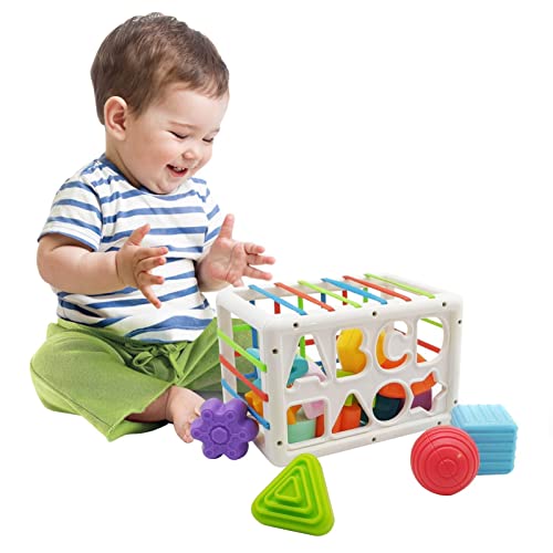 Papelera de colores y bloques sensoriales Juguetes de aprendizaje de formas sensoriales Juguetes clasificadores de formas para bebés Recipiente sensorial para bebés para niñas y niños de un año Ganmek