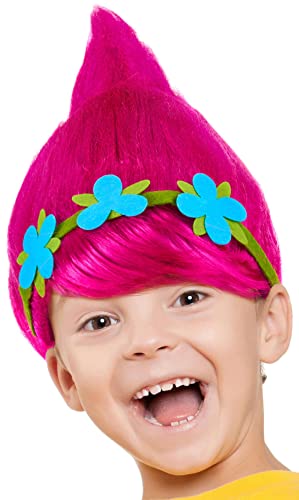 Peluca de Trolls para niños y niñas en rosa, turquesa y verde como complemento para el disfraz de Trolls en carnaval y carnaval (rosa + corona de flores).