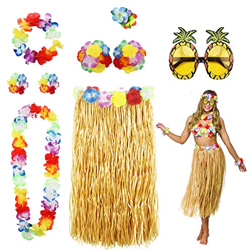 PHOGARY 8PCS Falda de hula Kit de accesorios de vestuario para Hawaii Luau Party - Bailando hula con Flor Bikini Lei hawaiano Pinza para el cabello, Gafas de sol