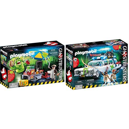 PLAYMOBIL Ghostbusters Ecto-1 con Módulo de Luz y Sonido, a Partir de 6 Años (9220) + Ghostbusters Slimer con Stand de Hot Dog, a Partir de 6 Años (9222)
