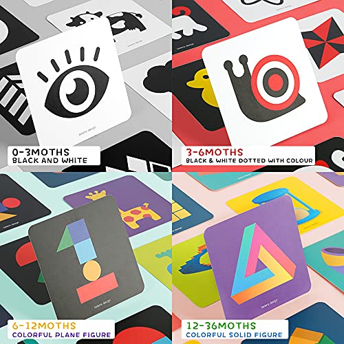 Richgv Tarjeta Visual de Alto Contraste, Blanco y Negro, Tarjetas visuales para bebés, 4 Juegos, 80 Piezas, 160 páginas, Juguete Educativo para recién Nacidos, Regalo de Juguete de 0 a 36 Meses