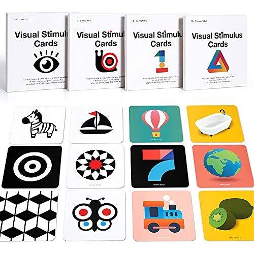 Richgv Tarjeta Visual de Alto Contraste, Blanco y Negro, Tarjetas visuales para bebés, 4 Juegos, 80 Piezas, 160 páginas, Juguete Educativo para recién Nacidos, Regalo de Juguete de 0 a 36 Meses