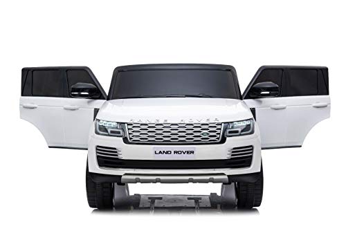 RIRICAR Range Rover Eléctrico, Blanco, Doble Asiento De Cuero, Pantalla LCD con Entrada USB, Unidad 4x4, Batería 2X 12V 7Ah, Ruedas EVA, Arranque con Llave, Control Remoto Bluetooth 2.4 GHz