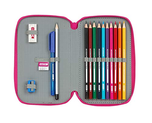 safta 442027854 Plumier Doble con 28 Útiles Incluidos Animalitos Turquesa, 125x40x195mm
