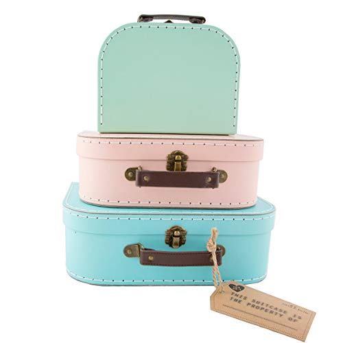 Set de 3 cajas con diseño de maleta vintage en colores pastel: verde, rosa y azul