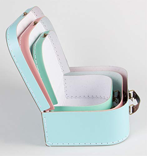 Set de 3 cajas con diseño de maleta vintage en colores pastel: verde, rosa y azul