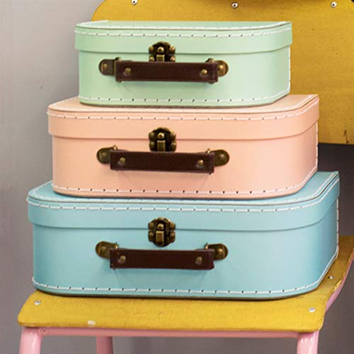 Set de 3 cajas con diseño de maleta vintage en colores pastel: verde, rosa y azul