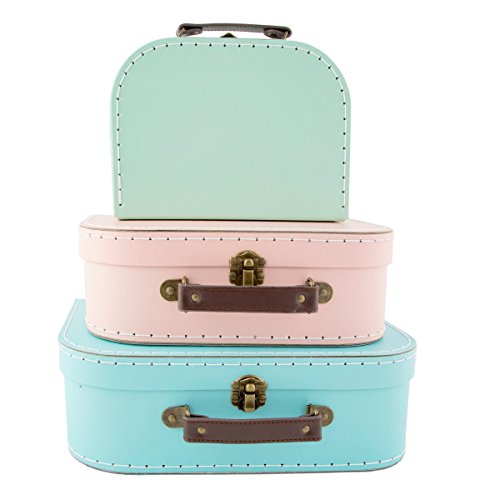Set de 3 cajas con diseño de maleta vintage en colores pastel: verde, rosa y azul