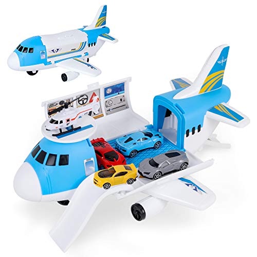Shayson Transport Cargo Airplane Car Toy Play Set para niños y niñas de 3 años o más, Viene con 4 Autos, 1 helicóptero, Juguete Preescolar de Bricolaje para niños (Azul)
