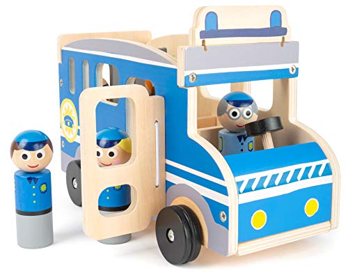 small foot company - 11459 Autobús Grande de Madera de la policía, con Figuras de Juego y Mucho Espacio para pasajeros y Ladrones Juguetes, Multicolor (11459)