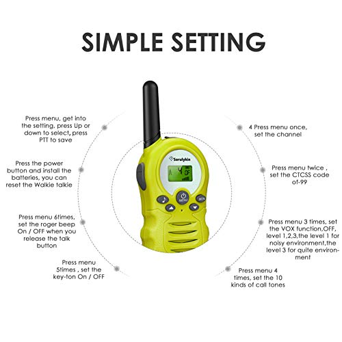 Sorulykin Walkie Talkies para niños de 8 canales, PMR 446MHZ sin licencia, hasta 3300 metros de alcance, interfono portátil, radio de 2 vías, equipo de aventura para acampar, caminar, juegos, 2 piezas