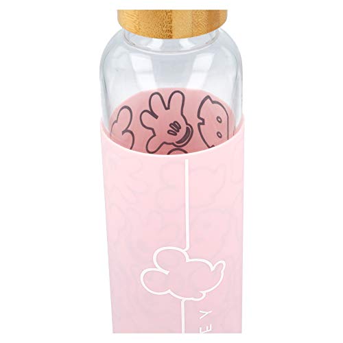 Stor Mickey Mouse | Botella de Agua de Cristal de Borosilicato Reutilizable - 585 ml - Botella de Agua de Vidrio con Funda de Silicona y tapón hermetico