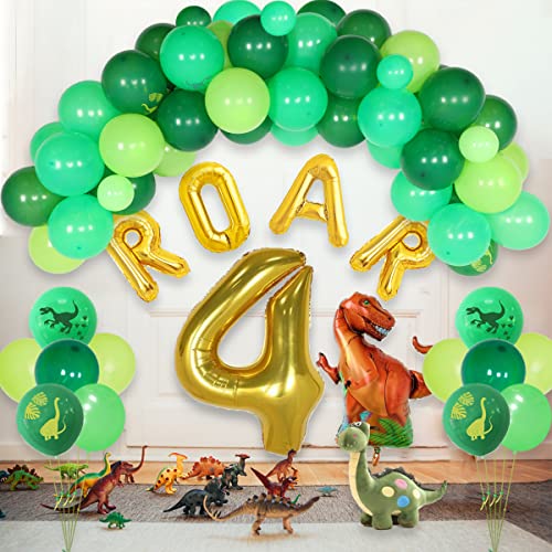 Suministros para fiesta de cumpleaños de dinosaurio para niños de 4 años, verde, dinosaurio de 4 años, rugido, arco, guirnalda de arco, juego de globos de aluminio