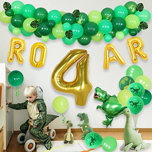 Suministros para fiesta de cumpleaños de dinosaurio para niños de 4 años, verde, dinosaurio de 4 años, rugido, arco, guirnalda de arco, juego de globos de aluminio