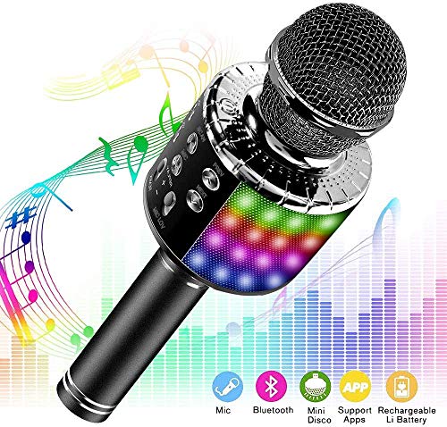 SunTop Micrófono Karaoke Bluetooth, Microfono Inalámbrico Karaoke, Portátil con Altavoz y Luces LED, Reproductor KTV doméstico con función de grabación