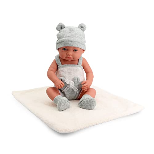 Tachan - Muñeca bebé 40cm, con ropita de Punto Gris y Blanco, con Manta de Borreguito, Fisico Realista de Bebe, extremidades articuladas (CPA Toy Group Trading S.L. 788T00628)