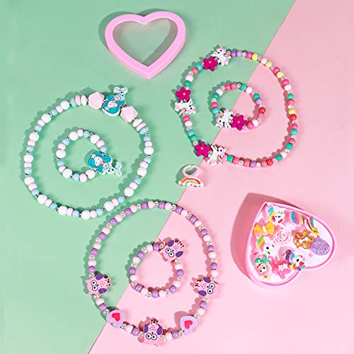 Tacobear 28 Piezas Joyas Niña Collares Pulseras Anillos Set Colorido Madera Flamenco Búho Sirena Unicornio Pulsera Collar Fiesta Cumpleaños Regalo Joyería para Niñas