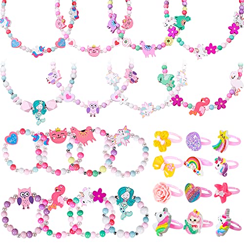 Tacobear 28 Piezas Joyas Niña Collares Pulseras Anillos Set Colorido Madera Flamenco Búho Sirena Unicornio Pulsera Collar Fiesta Cumpleaños Regalo Joyería para Niñas