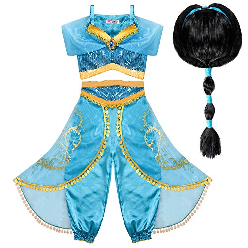 Tacobear Disfraz Jasmine Niña con Peluca Princesa Jasmine Vestido Traje Princesa Jasmine para Halloween Cosplay Fiesta Carnaval (9-10 años)