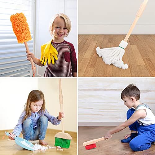 Tacobear Juego de Limpieza Infantil 14PCS Set Limpieza Juguete de Madera con Escoba Juguete Fregar Recogedor Delantal Juegos de imitación Set de Limpieza Regalo para Niños 3 4 5 6 7 8 años