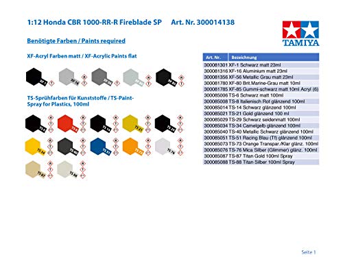 Tamiya 1:12 Honda CBR 1000-RR-R Fireblade SP-réplica Fiel, plástico, Hobby, encolado, Kit de modelismo, Montaje, sin Pintar, Color Rojo (14138)