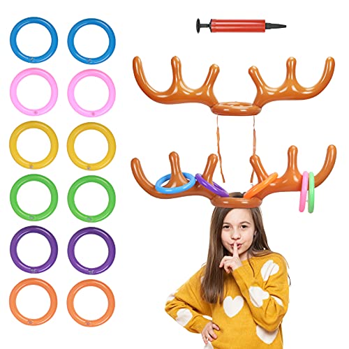 TAZEMAT 2 Pcs Toss Game Juguete Inflable de Reno Marrón con 12pcs Anillos Coloridos y Una Bomba Manual Sombrero Divertido para Niños y Padre-Hijo en Fiesta Actividades Escolares Aire Libre