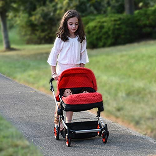 The New York Doll Collection Moderno Gemelo Muñeca De lujo Bebé Abucheo Paseante Rojo Acolchado Tejido - Altura ajustable - Gratis Pañal Bolso - Extra Alto