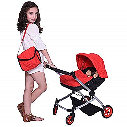The New York Doll Collection Moderno Gemelo Muñeca De lujo Bebé Abucheo Paseante Rojo Acolchado Tejido - Altura ajustable - Gratis Pañal Bolso - Extra Alto