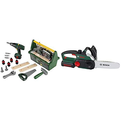 Theo Klein 8429 Caja de Herramientas Bosch, con Sierra, Martillo, alicates y Mucho más + 8399 Sierra de Cadena Bosch, Réplica Fiel al Original para niños, Sierra a Pilas con Efectos de luz y Sonido